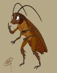 2021 2_fingers 2_toes 4_arms antennae_(anatomy) anthro arthropod blattodea brown_background brown_body cockroach cybermananon feet fingers hi_res insect male multi_arm multi_limb nude plantigrade simple_background smile solo standing toes wings yellow_eyes