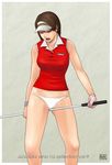  azasuke bare_shoulders between_legs blouse bottomless breasts brown_eyes brown_hair clap_hanz earrings eyes_closed female gloves golf_club highres hot_shots_golf hot_shots_golf_fore! jewelry kyouko_(hot_shots_golf) masturbation minna_no_golf open_mouth panties solo standing underwear visor white_panties 