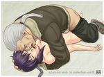  1girl azasuke batou boots breasts cleavage closed_eyes clothed_sex cyborg drooling eyes_closed ghost_in_the_shell gray_hair grey_hair hand_on_head highres hug kusanagi_motoko licking lying missionary nude ocular_implant on_back ponytail purple_hair rape saliva sex short_hair sleeping tongue vaginal wire wires 