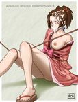 ass azasuke bdsm blush bondage bound bound_legs breast_slip breasts brown_hair cum cum_on_body cum_on_clothes cum_on_hair cum_on_upper_body cumdrip eyes_closed facial female fuu gag highres japanese_clothes kimono nipples no_bra no_panties one_breast_out open_clothes rope samurai_champloo sandals sitting solo toes 