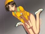  bottomless hands_on_lap hat ibuki_maya indoors kneeling name_tag neon_genesis_evangelion no_socks peeing shoes 