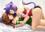  2girls all_fours anakin_sky_(utcc) animal_ear_fluff animal_ears arm_garter ass asymmetrical_docking back bangs bare_legs bare_shoulders bed bell black_panties blush bracelet breast_press breasts brown_hair cat_ears cat_girl cat_tail christmas closed_mouth commentary couple detached_sleeves english_commentary eyebrows_visible_through_hair feet_out_of_frame female fingernails frilled_tubetop frills girl_on_top green_tubetop highres hug jewelry jingle_bell knee_up large_breasts legs lips long_hair looking_at_viewer looking_to_the_side lying medium_breasts multiple_girls nail_polish neck no_pants on_back on_bed open_mouth original panties purple_hair red_eyes red_nails red_tubetop round_teeth slit_pupils smile sparkle strapless tail tail_raised teeth tubetop underwear upper_teeth yellow_eyes yuri 