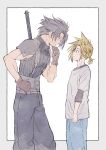  2boys armor belt black_hair black_pants black_shirt blonde_hair blue_panties border brown_gloves cloud_strife cowboy_shot crisis_core_final_fantasy_vii final_fantasy final_fantasy_vii final_fantasy_vii_remake gloves grey_border hair_slicked_back hand_on_own_face hand_on_own_hip highres looking_at_another low_ponytail male_focus multiple_belts multiple_boys oishiioniku1129 panties pants parted_lips profile shirt shirt_under_shirt short_hair shoulder_armor sleeveless sleeveless_turtleneck spiked_hair suspenders sweatdrop turtleneck underwear weapon weapon_on_back white_background white_shirt zack_fair 