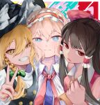  3girls absurdres alice_margatroid ascot black_hair black_vest blonde_hair blue_eyes bow braid capelet clenched_hand closed_mouth commentary_request dedemaru detached_sleeves frilled_hair_tubes frilled_hairband frills green_bow grin hair_bow hair_tubes hairband hakurei_reimu hat hat_bow highres kirisame_marisa lolita_hairband long_hair looking_at_viewer multiple_girls open_mouth red_bow red_eyes red_hairband short_hair side_braid single_braid smile touhou turtleneck v vest white_bow white_capelet witch_hat yellow_ascot yellow_eyes 