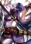  1girl arched_back arm_guards black_gloves bodysuit bow_(weapon) breasts fate/grand_order fate_(series) fingerless_gloves gloves highres jikihatiman katana large_breasts long_hair long_sleeves looking_at_viewer minamoto_no_raikou_(fate) parted_bangs pelvic_curtain purple_bodysuit purple_eyes purple_hair ribbed_sleeves rope sheath solo sword very_long_hair weapon 