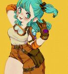  1girl aqua_eyes aqua_hair asymmetrical_clothes belt blush breasts bulma cowboy_shot dragon_ball dragon_ball_(classic) gloves goggles goggles_around_neck hair_ribbon medium_breasts medium_hair one_side_up ribbon simple_background single_pantsleg smile solo tonoko_(annin_tono) yellow_background 