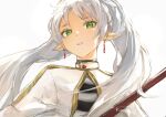 1girl absurdres capelet commentary earrings elf frieren green_eyes highres holding holding_staff jewelry kumah_dessu long_hair looking_at_viewer parted_lips pointy_ears signature simple_background solo sousou_no_frieren staff twintails upper_body white_background white_capelet white_hair 