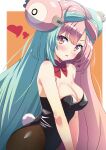  1girl bare_shoulders blue_hair blush breasts cleavage heart highres iono_(pokemon) long_hair looking_at_viewer medium_breasts multicolored_hair neck_ribbon pantyhose parted_lips pink_eyes pink_hair playboy_bunny pokemon pon_tanuki_(ga7fsrge9jxblaw) red_ribbon ribbon solo 