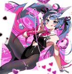  1girl absurdres arm_ribbon bare_shoulders black_leotard blue_eyes blue_hair blurry blurry_foreground breasts card clothing_cutout cuffs detached_collar floating_hair hair_ornament hair_ribbon handcuffs hatsune_miku hayato_noda heart heart_cutout highres holding holding_card leotard long_hair looking_at_viewer nail_polish pantyhose playboy_bunny playing_card rabbit_hole_(vocaloid) ribbon signature sitting small_breasts solo spaghetti_strap thigh_strap twintails x_hair_ornament 