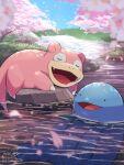  afloat animal_focus blue_skin blue_sky blurry blurry_foreground cherry_blossoms closed_eyes colored_skin commentary_request fang grass highres no_humans open_mouth outdoors pink_skin pokemon pokemon_(creature) quagsire river sky sleeping slowpoke solid_circle_eyes tail tatsumi_(panneko) tree water 