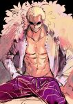  1boy abs blonde_hair chief_(chiefvinsmoke) coat commentary_request donquixote_doflamingo earrings evil_grin evil_smile feather_coat grin groin hands_in_pockets highres jewelry korean_commentary long_sleeves male_focus muscular muscular_male navel one_piece pants pectorals pink_coat shirt short_hair sitting smile solo sunglasses teeth tinted_eyewear veiny_face white_shirt 