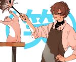  1boy alban_knox apron black_shirt brown_eyes brown_hair cat dress_shirt duster fang feather_duster gold_necklace hand_on_own_hip heterochromia holding holding_duster jewelry long_sleeves male_focus merry-san_(w00sjn) necklace nijisanji nijisanji_en on_hind_legs open_mouth shirt simple_background sleeves_rolled_up solo sweatdrop turtleneck two-tone_background white_background white_cat white_shirt yellow_eyes 
