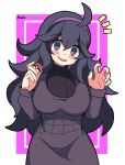  1girl :d @_@ absurdres ahoge black_dress black_hair black_sweater blush border cowboy_shot dot_nose dress hairband hands_up head_tilt hendra hex_maniac_(pokemon) highres holding holding_poke_ball inset_border long_hair long_sleeves looking_at_viewer notice_lines open_hand open_mouth pink_background poke_ball pokemon pokemon_xy purple_eyes purple_hairband ribbed_sweater signature simple_background smile solo sweater turtleneck turtleneck_sweater white_border 