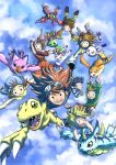  3girls 5boys :d agumon bird blonde_hair blue_hair brown_hair bug butterfly cat circle_formation cloud commentary_request computer copyright_name dated digimon digimon_(creature) digimon_adventure falling flying gabumon glasses glowing glowing_butterfly goggles goggles_on_head gomamon grass happy head_wings highres horns hug ishida_yamato izumi_koshiro kido_jo long_hair looking_at_viewer looking_down midair multiple_boys multiple_girls open_mouth outstretched_arms palmon patamon piyomon plant reptile short_hair single_horn sleeping smile spiked_hair spread_arms tachikawa_mimi tail tailmon takaishi_takeru takenouchi_sora takeuchi_(rtakeuchi1535) tentomon wings yagami_hikari yagami_taichi 