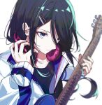  1girl :| absurdres bangs_pinned_back black_hair black_shirt blue_eyes blue_jacket blurry closed_mouth collarbone depth_of_field expressionless guitar hair_between_eyes hair_ornament hair_over_one_eye hairpin hand_on_headwear headphones headphones_around_neck highres holding holding_weapon hoshino_ichika_(project_sekai) instrument jacket long_hair long_sleeves looking_ahead open_clothes open_jacket project_sekai ritzchrono shirt sidelocks simple_background solo two-sided_fabric two-sided_jacket upper_body weapon white_background white_jacket 
