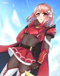  1girl armor braid breastplate cape fire_emblem fire_emblem_engage grey_hairband hairband highres lapis_(fire_emblem) pink_eyes pink_hair red_armor red_cape red_hairband ribbon side_braid symoca two-tone_hairband white_ribbon 