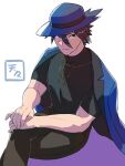  1boy black_hair black_pants black_shirt blue_eyes blue_headwear collarbone commentary_request highres jacket jacket_on_shoulders male_focus pants pokemon pokemon_dppt pokemon_platinum riley_(pokemon) shirt sitting solo split_mouth ten_(amakara_tenten) 