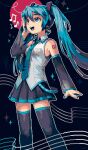  1girl :d bare_shoulders beamed_eighth_notes belt black_skirt black_sleeves black_thighhighs blue_eyes blue_hair blue_necktie collared_shirt detached_sleeves eighth_note feet_out_of_frame hair_between_eyes hand_on_own_head hatsune_miku highres long_hair long_sleeves looking_ahead loose_belt makorie miniskirt music musical_note necktie number_tattoo open_mouth pleated_skirt shirt sidelocks singing skirt sleeveless sleeveless_shirt smile solo staff_(music) tattoo teeth thighhighs tie_clip twintails upper_teeth_only very_long_hair vocaloid white_shirt zettai_ryouiki 
