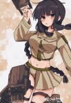  1girl black_hair blush braid breasts brown_eyes crop_top highres kantai_collection kitakami_(kancolle) kitakami_kai_ni_(kancolle) long_hair long_sleeves looking_at_viewer medium_breasts midriff navel neckerchief one-hour_drawing_challenge parted_lips pleated_skirt rigging sailor_collar school_uniform serafuku sidelocks simple_background single_braid skirt solo thigh_strap torpedo_tubes twitter_username very_long_hair yukikaze2828 