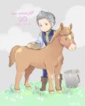  1boy age_regression aged_down bucket bucket_of_water fire_emblem fire_emblem_cipher fire_emblem_fates grey_eyes grey_hair holding holding_sponge horse male_focus quiff silas_(fire_emblem) smile sponge toyota_saori 