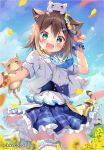  &gt;_&lt; 1girl :3 :d animal_ear_fluff animal_ears animal_on_head bangs blue_necktie blue_skirt blue_sky blurry blurry_foreground blush brown_hair cat cat_ears cat_girl cat_tail closed_eyes closed_mouth cloud cloudy_sky commentary_request day depth_of_field eyebrows_visible_through_hair fangs fish_hair_ornament flower flower_wreath frilled_jacket frilled_skirt frills fumino_tamaki green_eyes ground_vehicle hair_between_eyes hair_ornament jacket looking_at_viewer necktie nijisanji on_head open_clothes open_jacket outdoors pan_(mimi) pink_flower pleated_skirt shirt short_sleeves skirt sky smile solo striped_tail tail train virtual_youtuber white_flower white_jacket white_shirt yellow_flower 