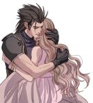  1boy 1girl aerith_gainsborough armor bangle bare_shoulders black_gloves black_hair bracelet brown_hair commentary couple crisis_core_final_fantasy_vii dress final_fantasy final_fantasy_vii final_fantasy_vii_rebirth final_fantasy_vii_remake gloves hand_on_another&#039;s_head highres hug jewelry long_hair parted_lips pink_dress shoulder_armor sleeveless sleeveless_dress sleeveless_turtleneck spiked_hair sweater sylvthea tears turtleneck turtleneck_sweater upper_body white_background zack_fair 