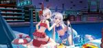  2girls absurdres animal_ears bikini blue_eyes bow cake chess_piece chinese_commentary cityscape closed_mouth commentary_request date_shichuan_majiang fake_animal_ears feeding flower food fork frilled_bikini frills grey_hair hair_bow hair_flower hair_ornament hair_ribbon highres innertube long_hair looking_at_viewer multiple_girls navel night o-ring o-ring_thigh_strap open_mouth original outdoors pool pool_ladder poolside rabbit_ears rabbit_hair_ornament ramune red_bow red_eyes red_ribbon ribbon short_hair siblings smile stomach swim_ring swimsuit thigh_strap twins very_long_hair water_gun wet 