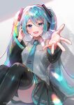  1girl :d absurdres black_skirt black_sleeves black_thighhighs blue_eyes blue_hair blue_necktie blush chikapop39 collared_shirt dated detached_sleeves dot_nose feet_out_of_frame foreshortening frilled_shirt frills grey_shirt hair_ornament hand_on_headwear hatsune_miku headset highres knees_up legs_together lens_flare long_hair long_sleeves looking_at_viewer microphone miku_day miniskirt necktie open_hand open_mouth outstretched_arm pleated_skirt reaching reaching_towards_viewer shirt skirt sleeveless sleeveless_shirt smile solo thighhighs tie_clip twintails twitter_username very_long_hair vocaloid zettai_ryouiki 