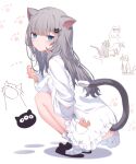  1girl alithea_jane animal_ears animal_slippers ass bangs black_footwear blue_eyes blush cat_ears cat_girl cat_tail closed_mouth commentary_request dress eyebrows_visible_through_hair food frilled_dress frills full_body grey_hair hair_ornament hairclip highres holding holding_food indie_virtual_youtuber long_hair looking_at_viewer looking_back nacho_(amashiro_natsuki) no_panties paw_print paw_print_background slippers socks solo squatting striped striped_legwear sunglasses tail taiyaki wagashi white_background white_dress 