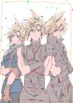  3boys age_comparison armor belt black_gloves blonde_hair blue_eyes blue_shirt border brown_gloves cloud_strife confetti cowboy_shot crisis_core_final_fantasy_vii crossed_arms final_fantasy final_fantasy_vii final_fantasy_vii_advent_children final_fantasy_vii_remake fingerless_gloves gloves grey_shirt hair_between_eyes happy_birthday highres light_blush male_focus multiple_belts multiple_boys oishiioniku1129 popped_collar shirt short_hair shoulder_armor single_bare_shoulder single_shoulder_pad sleeveless sleeveless_shirt sleeveless_turtleneck sleeves_rolled_up spiked_hair suspenders turtleneck white_background yellow_border 