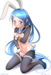  animal_ears blue_eyes blue_footwear blue_hair covering_privates dated embarrassed high_heels kantai_collection long_hair meme_attire navel one-hour_drawing_challenge rabbit_ears rabbit_tail ray.s reverse_bunnysuit reverse_outfit samidare_(kancolle) simple_background tail tears very_long_hair 