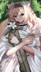  1girl 55oyatu animal_ear_fluff animal_ears arknights blonde_hair blue_eyes closed_mouth commentary_request day dress flower green_hairband hair_between_eyes hair_flower hair_ornament hairband highres horn_(arknights) hugging_object long_hair looking_at_viewer red_dress see-through solo sword very_long_hair weapon white_flower 