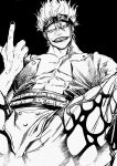  1boy abs belt chief_(chiefvinsmoke) commentary_request eustass_kid goggles highres lipstick looking_at_viewer makeup male_focus middle_finger monochrome muscular muscular_male nail_polish one_piece pants pectorals scar scar_on_face shirt short_hair sitting smirk solo teeth 