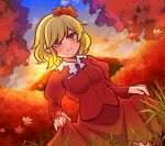  1girl 1jumangoku aki_shizuha autumn autumn_leaves blonde_hair blue_sky brown_eyes buttons closed_mouth cloud collar collared_shirt commentary_request cowboy_shot curtsey dutch_angle eyelashes falling_leaves gradient_sky grass hair_ornament juliet_sleeves leaf leaf_hair_ornament light_blush long_sleeves medium_hair medium_skirt mountain outdoors pocket puffy_sleeves red_shirt red_skirt red_sleeves shirt skirt skirt_hold skirt_set sky smile solo sunset touhou tree white_collar 