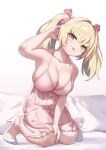  1girl :p absurdres arukiru blonde_hair blush bra breasts cleavage collarbone commission gradient_background grey_background hair_ornament hair_scrunchie highres kore_wa_zombie_desu_ka? kyouko_(korezom) large_breasts looking_at_viewer nightgown panties pink_bra pink_nightgown pink_panties scrunchie shoes sitting skeb_commission solo tongue tongue_out twintails underwear underwear_only white_footwear yellow_eyes 