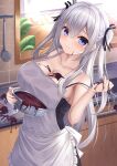  1girl absurdres apron black_shirt blush bowl breasts chocolate chocolate_on_body chocolate_on_breasts chocolate_on_face cleavage closed_mouth collarbone commentary_request crossed_bangs food food_on_body food_on_face grey_hair hair_ribbon hanonokusa highres holding holding_bowl holding_whisk kitchen ladle large_breasts long_hair looking_at_viewer original purple_eyes recipe_(object) ribbon shirt sidelocks solo standing strap_slip tile_wall tiles two_side_up valentine whisk white_apron window 