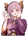  1girl alcohol black_ribbon blush breasts brown_horns choko_(cup) commentary_request cup demon_girl demon_horns floral_print futatsumuji hand_on_own_face highres holding holding_cup horns japanese_clothes kimono looking_at_viewer medium_bangs medium_breasts medium_hair mole mole_under_mouth nanashi_inc. neck_ribbon nose_blush obi open_mouth print_kimono purple_brooch purple_hair purple_kimono ribbon saionji_mary sake sash simple_background solo upper_body virtual_youtuber white_background 