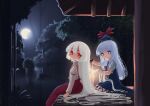  2girls absurdly_long_hair absurdres arms_at_sides bamboo bamboo_forest blue_dress blue_eyes blue_headwear bright_pupils candle comb combing commentary crescent_moon dress eyebrows_behind_hair fire flame forest fujiwara_no_mokou hair_between_eyes hat highres holding holding_comb holding_hair juliet_sleeves kamishirasawa_keine light_blue_hair long_hair long_sleeves looking_at_viewer looking_to_the_side moon multiple_girls nature neckerchief night night_sky no_mouth pants puffy_short_sleeves puffy_sleeves red_eyes red_neckerchief red_pants seiza shirt short_sleeves sitting sky suspenders sweet_reverie tokin_hat touhou veranda very_long_hair white_hair white_pupils white_shirt 