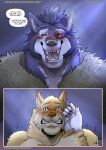 5_fingers anthro ark_(shade) black_eye_(injury) blue_body blue_fur blush bodily_fluids bruised canid canine canis cobb_(shade) duo fingers fur green_eyes hi_res male male/male mammal shade_the_wolf simple_background tears teeth_showing wolf yellow_body yellow_fur