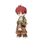  1boy backpack bag boots brown_footwear brown_gloves brown_pants chest_guard chibi closed_mouth dagger full_body gloves green_shirt hair_between_eyes hands_on_own_hips holding holding_weapon knife looking_at_viewer male_focus medium_bangs novice_(ragnarok_online) official_art pants ragnarok_online red_eyes red_hair scabbard scar scar_on_cheek scar_on_face sheath sheathed shirt short_hair simple_background smile solo standing tachi-e transparent_background weapon yuichirou 