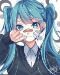  1girl :| absurdres bandaid bandaid_on_face bandaid_on_nose black_sweater blue_eyes blue_hair bruise closed_mouth collared_shirt crescent gauze_on_cheek hand_on_own_cheek hand_on_own_face hatsune_miku highres injury long_hair long_sleeves looking_at_viewer mai_mugi portrait raised_eyebrows rolling_girl_(vocaloid) shirt sidelocks signature simple_background sleeves_past_wrists solo straight-on sweater twintails upper_body v-neck vocaloid white_background white_shirt 