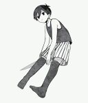  1boy absurdres antenna_hair arm_at_side bare_shoulders black_eyes black_hair black_shorts black_socks black_tank_top closed_mouth colored_skin expressionless full_body hair_between_eyes highres holding holding_knife kneehighs knife no_pupils no_shoes omori omori_(omori) short_hair shorts sleeveless socks solo striped_clothes striped_shorts tank_top toukashi_(2tou9) vertical-striped_clothes vertical-striped_shorts white_background white_shorts white_skin 