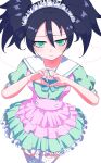  1girl 5_rebbeccas absurdres animal_ear_legwear apron bags_under_eyes black_hair blue_bow blue_bowtie blush bow bowtie cat_ear_legwear closed_mouth commentary dress frilled_apron frills green_dress green_eyes green_ribbon hair_between_eyes heart heart_background heart_hands highres kuroki_tomoko looking_at_viewer maid maid_headdress official_alternate_costume official_alternate_hairstyle pink_apron pleated_dress puffy_short_sleeves puffy_sleeves ribbon sailor_collar short_sleeves sidelocks simple_background solo standing sweat thighhighs watashi_ga_motenai_no_wa_dou_kangaetemo_omaera_ga_warui! white_background white_sailor_collar white_thighhighs 