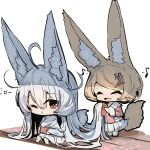  2girls :&lt; :d ^_^ absurdly_long_hair ahoge animal_ear_fluff animal_ears barefoot chibi closed_eyes comb commentary_request eighth_note fox_ears fox_girl fox_tail grey_hair highres holding jacket japanese_clothes kimono light_brown_hair long_hair long_sleeves multiple_girls musical_note no_shoes obi one_eye_closed original pantyhose parted_lips pink_jacket pleated_skirt red_eyes sash simple_background sitting skirt smile swept_bangs tail triangle_mouth very_long_hair white_background white_kimono white_pantyhose white_skirt wide_sleeves yuuji_(yukimimi) 