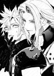  2boys armor clenched_teeth cloud_strife coat commentary_request feathered_wings final_fantasy final_fantasy_vii final_fantasy_vii_rebirth final_fantasy_vii_remake from_side greyscale high_collar highres kuroisekka light_smile long_bangs long_hair looking_back looking_down male_focus monochrome multiple_boys parted_bangs pauldrons scared screentones sephiroth short_hair shoulder_armor single_pauldron sleeveless sleeveless_sweater sleeveless_turtleneck slit_pupils spiked_hair suspenders sweatdrop sweater teeth turtleneck turtleneck_sweater upper_body wings 