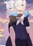  2girls arona_(blue_archive) blue_archive blue_eyes carrying cowboy_shot feet_out_of_frame grey_eyes hair_over_one_eye highres hug hug_from_behind long_hair long_sleeves multiple_girls neckerchief parted_lips piggyback plana_(blue_archive) sou_(pale_1080) white_hair 