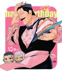  3boys alternate_costume apron birthday black_eyes character_request cheekbones chibi chibi_inset fabulous facial_hair golden_kamuy green_(grimy) hand_in_own_hair happy_birthday heart heart_print highres incoming_food jitome male_focus multiple_boys mustache ogata_hyakunosuke pink_apron short_hair sideways_glance smile solo_focus ushiyama_tatsuma waiter 