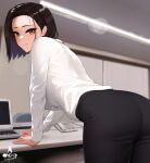  1girl ass black_hair black_pants breasts brown_eyes ceiling_light chair closed_mouth collared_shirt commentary_request computer corded_phone forehead highres indoors infinote laptop large_breasts long_sleeves looking_at_viewer looking_back office original pants phone shirt short_hair smile solo standing table white_shirt yashiki_yuuko 