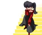  1girl bare_shoulders black_bow black_choker black_flower black_footwear black_hair black_rose black_skirt bow choker flower grey_eyes hair_bow hand_on_own_cheek hand_on_own_face hand_on_own_knee highres kunou_kodachi looking_at_viewer pantyhose ranma_1/2 red_pantyhose red_shirt rose shirt side_ponytail signature sitting sitting_on_stairs skirt smile stairs two-tone_background wanta_(futoshi) 