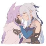  2girls animal_ear_fluff animal_ears baiheng_(honkai:_star_rail) black_gloves closed_eyes closed_mouth from_side gloves grey_hair hair_ribbon hand_on_another&#039;s_cheek hand_on_another&#039;s_face highres honkai:_star_rail honkai_(series) jingliu_(honkai:_star_rail) long_hair long_sleeves looking_at_another multiple_girls purple_hair red_eyes ribbon simple_background upper_body white_background yurenn yuri 